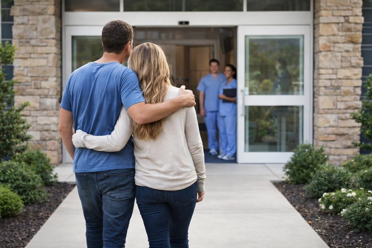 Couple entering an addiction treatment center for couples rehab and medical detox support