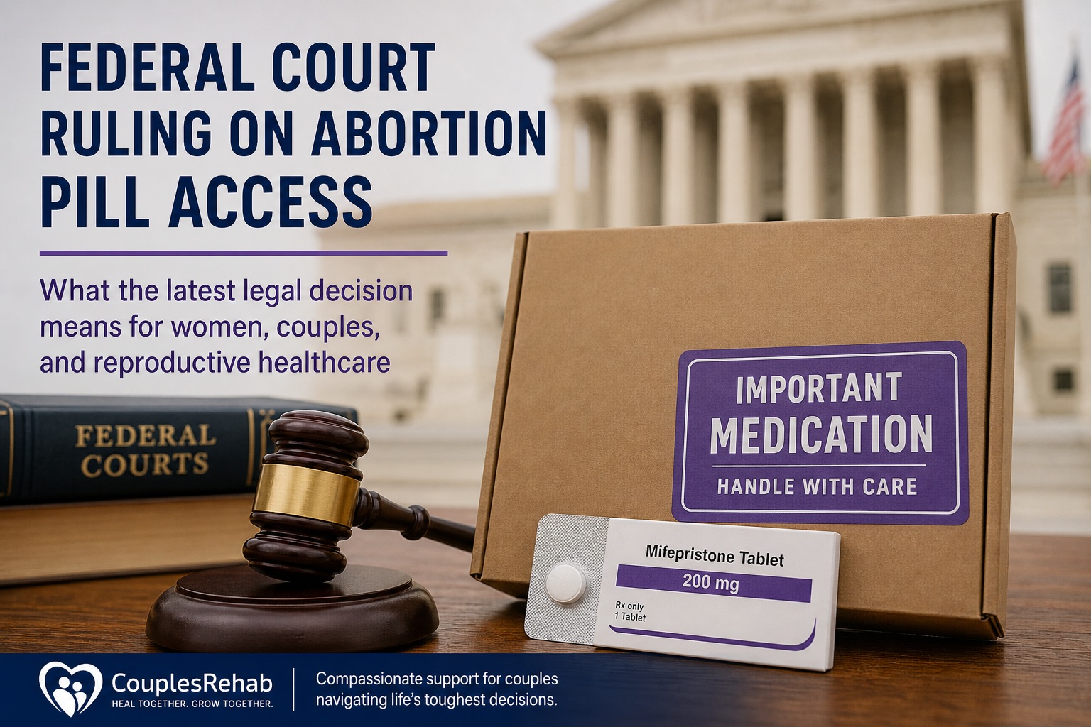Federal court ruling impacts abortion pill access as mifepristone medication and legal gavel symbolize healthcare and legal restrictions in the United States