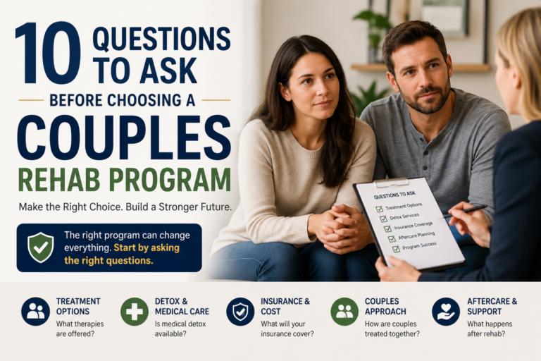 Couple meeting with an addiction treatment professional while reviewing important questions to ask before choosing a couples rehab program, including detox, insurance coverage, treatment options, and aftercare planning.