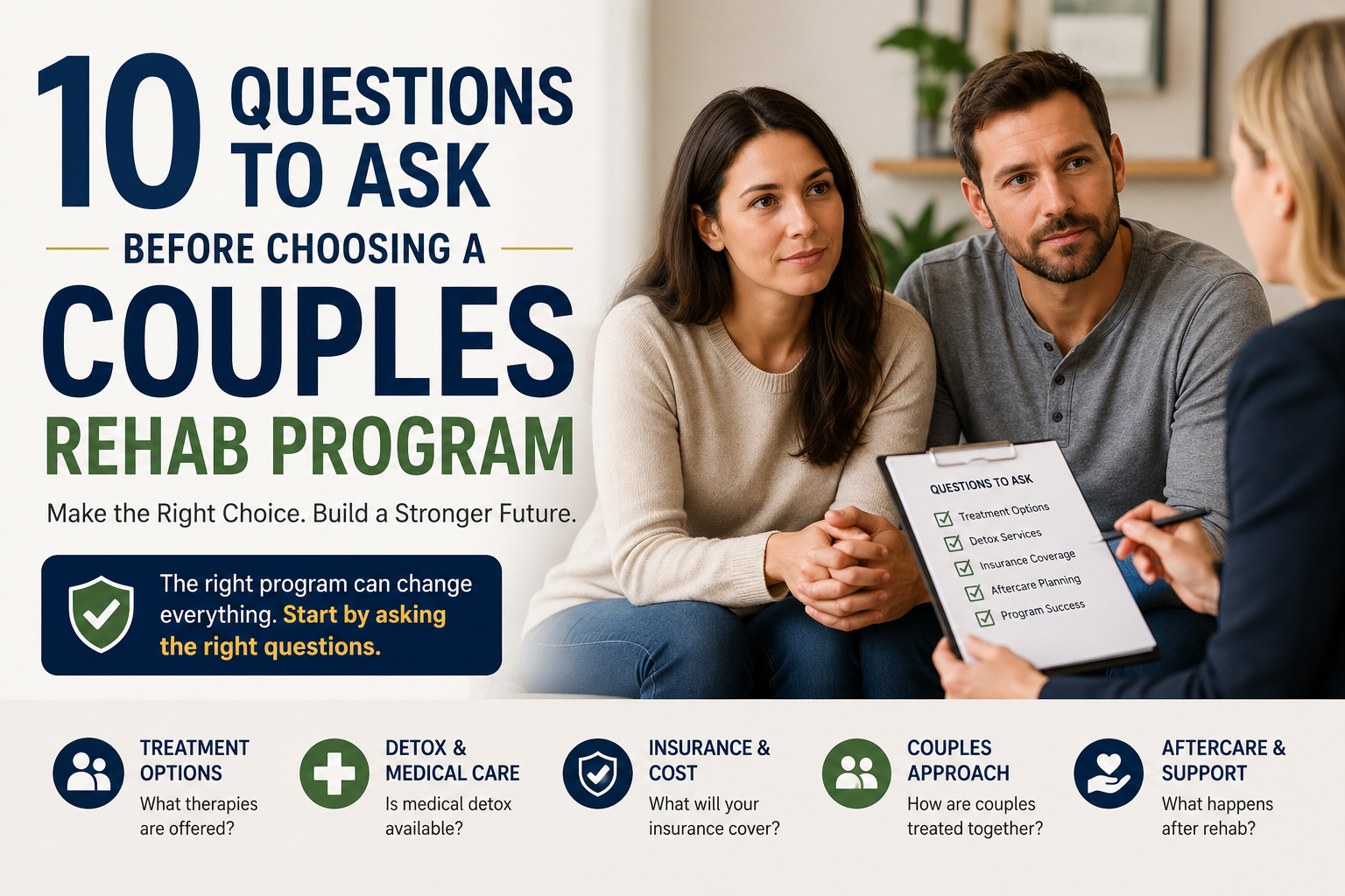 Couple meeting with an addiction treatment professional while reviewing important questions to ask before choosing a couples rehab program, including detox, insurance coverage, treatment options, and aftercare planning.