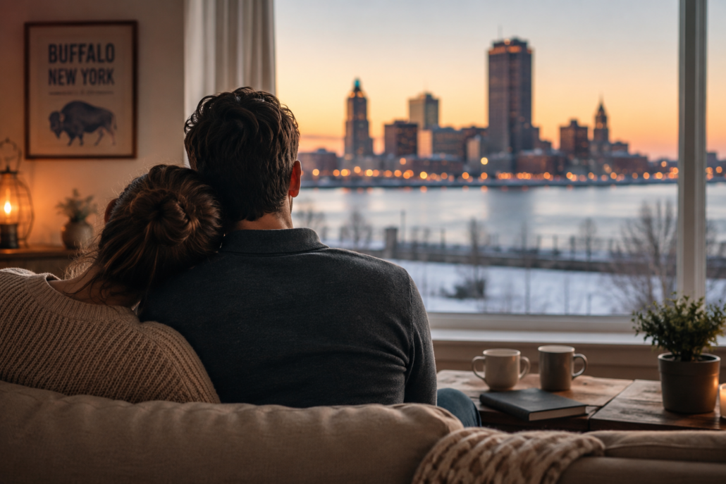 A couple in the Buffalo, New York area reviewing educational information about couples rehab options together.