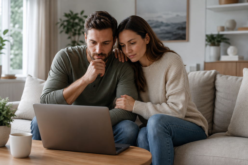 Couple reviewing urgent addiction care-navigation options together at home in the Albany, NY area
