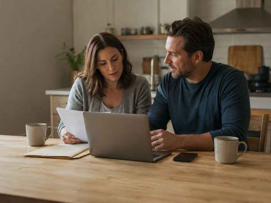 Couple reviewing insurance paperwork together at a kitchen table