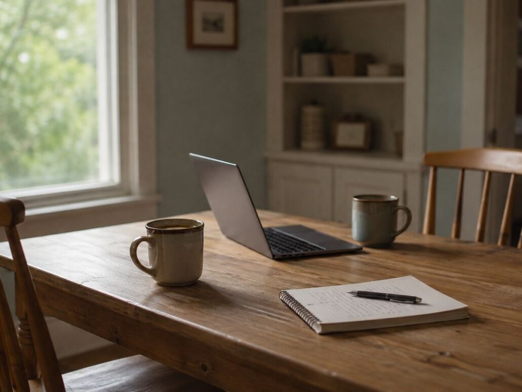 Two coffee mugs and an open laptop on a kitchen table in morning light,
with a notepad of handwritten questions about insurance coverage.