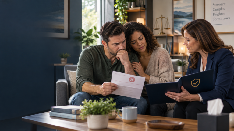 Couple reviewing a denied rehab insurance claim with a behavioral health advocate explaining mental health parity protections.