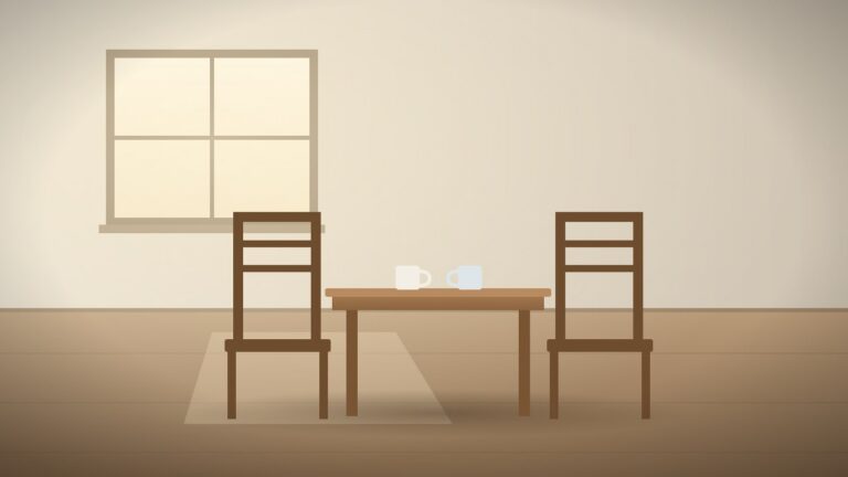 Two empty wooden chairs at a small kitchen table with two coffee mugs, lit by morning light from a window