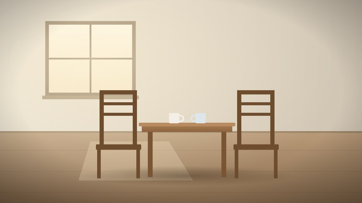 Two empty wooden chairs at a small kitchen table with two coffee mugs, lit by morning light from a window