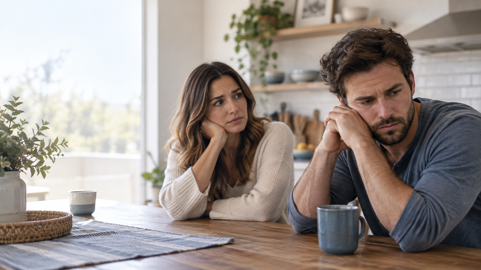Woman looks with concern at her withdrawn spouse as they sit together at a kitchen table.