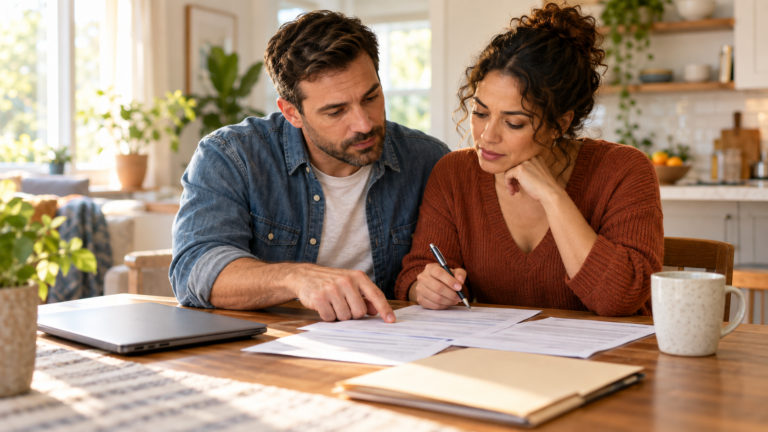 Couple reviews paperwork together at a kitchen table, with one partner pointing to a form while the other holds a pen.