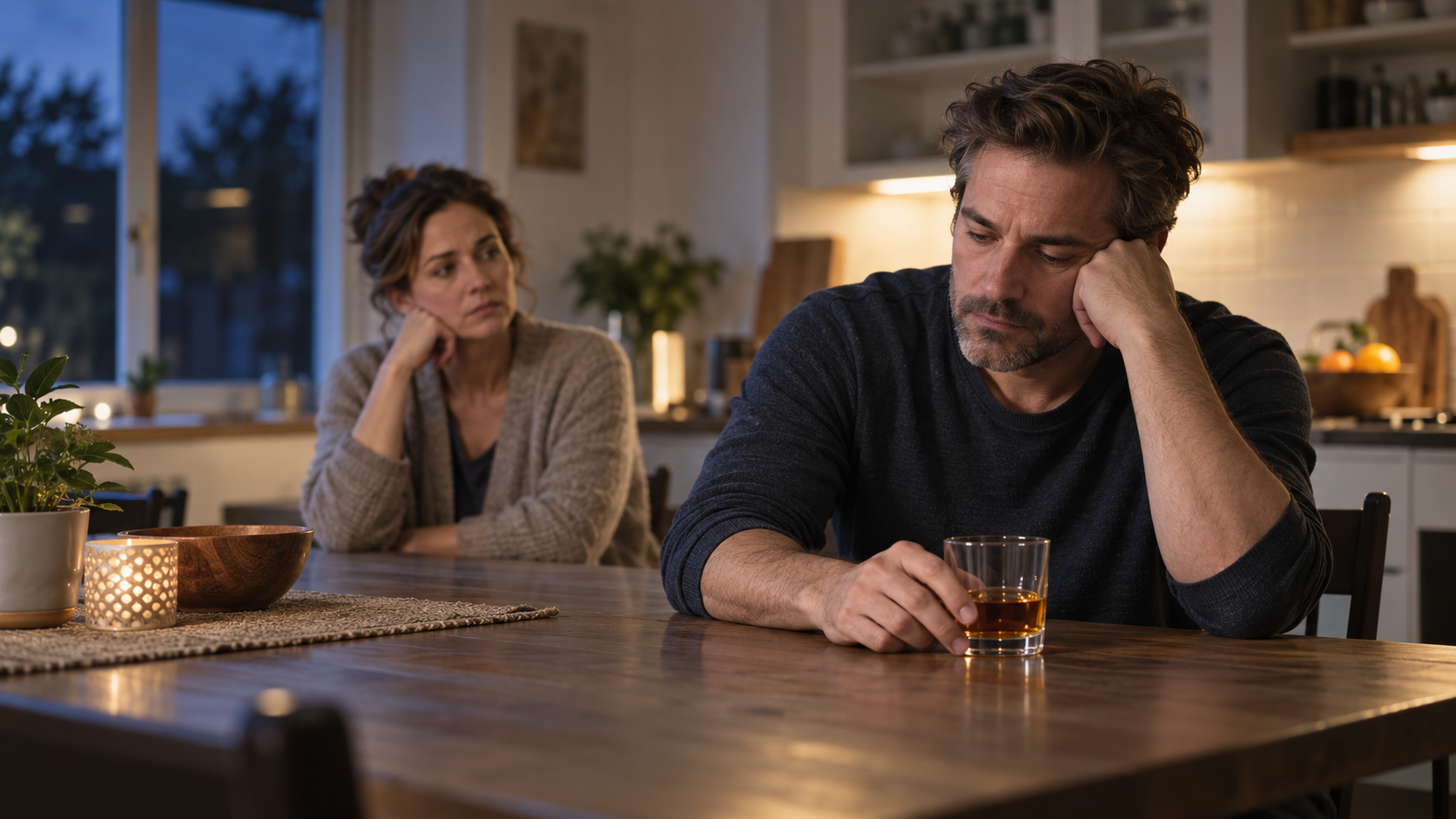 Concerned wife watches her husband sitting with an alcoholic drink at the kitchen table at night