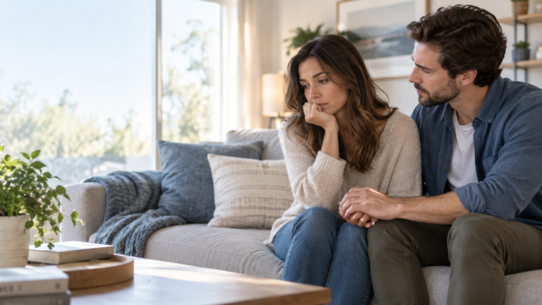 Spouses sit together and hold hands after one partner relapses following rehab