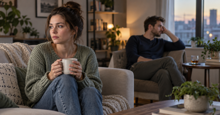 Young sober woman sitting apart from her partner who continues drinking alcohol at home