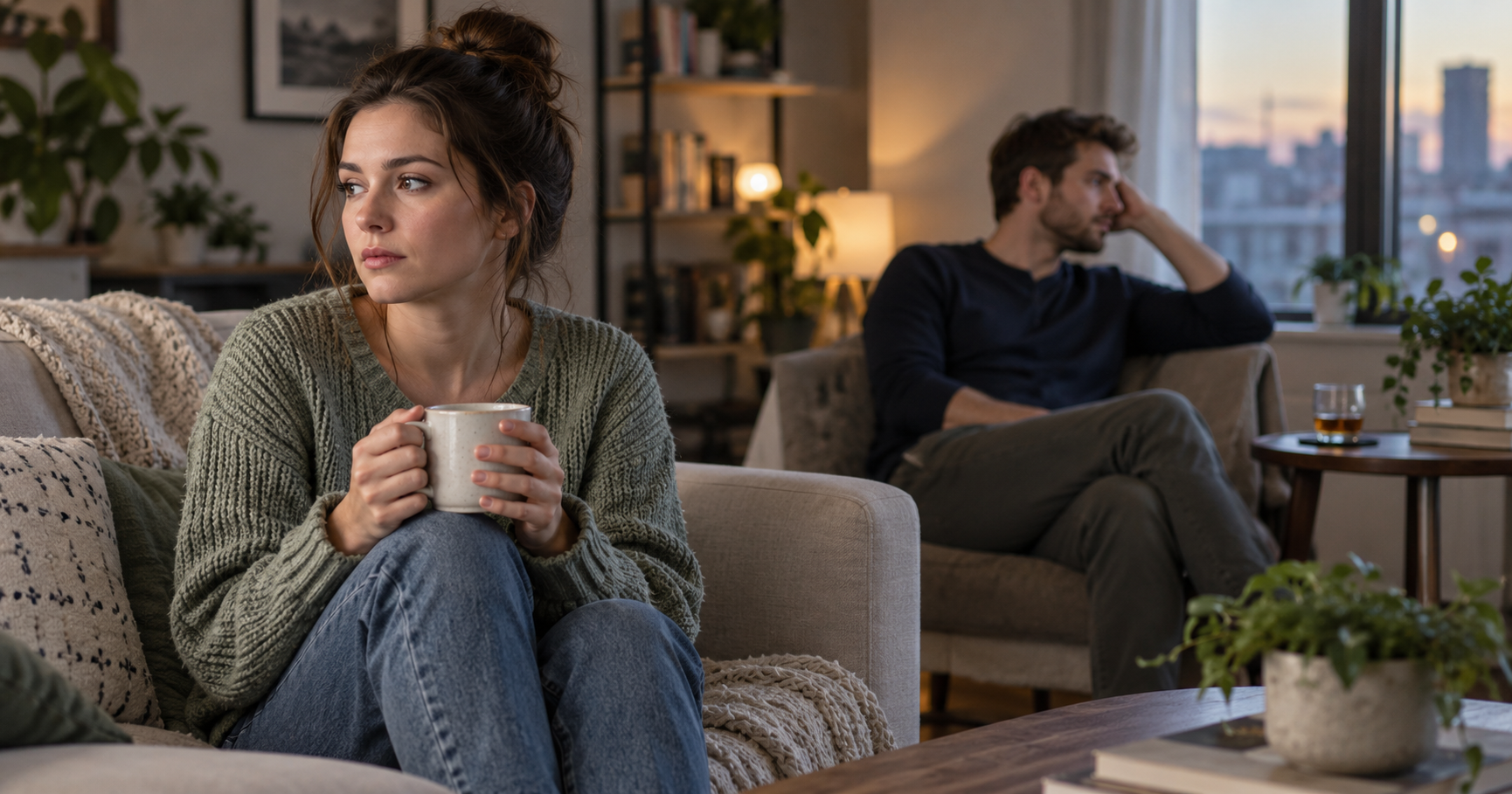 Young sober woman sitting apart from her partner who continues drinking alcohol at home