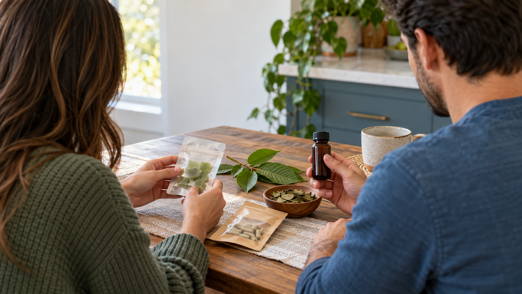 Couple examining unbranded gummies, tablets, and a small liquid shot beside kratom leaves at a kitchen table.
