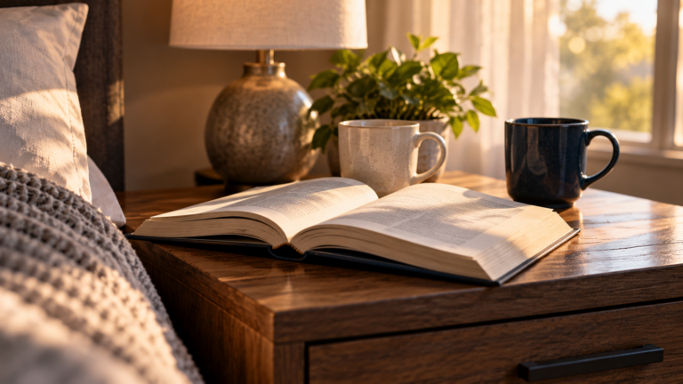 Open hardcover book beside two coffee mugs in morning light, illustrating Eric Dane's memoir and the challenges of repeat rehab.