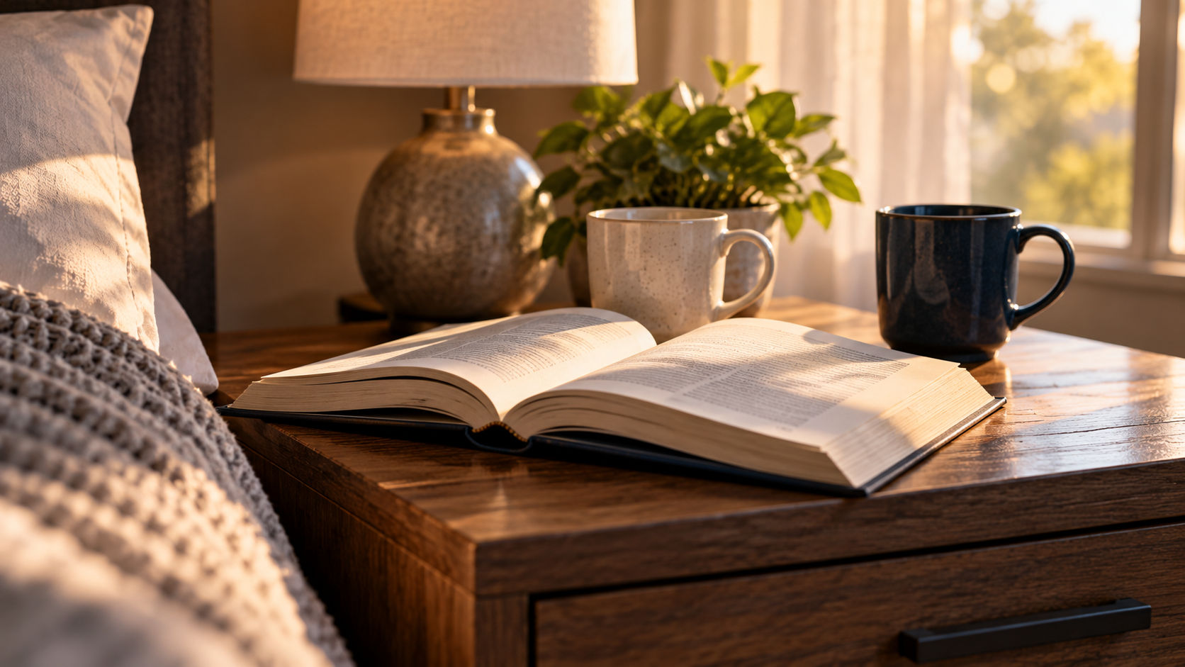 Open hardcover book beside two coffee mugs in morning light, illustrating Eric Dane's memoir and the challenges of repeat rehab.
