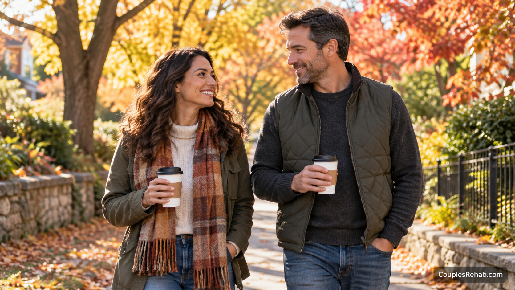 Couple walking together with coffee cups on an autumn morning during Sober October.
