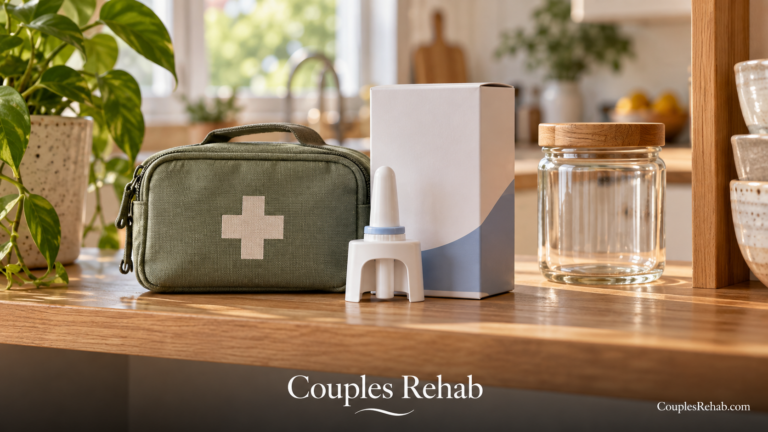 Generic naloxone nasal spray and box beside a first aid kit and glass jar on a kitchen shelf in warm daylight.