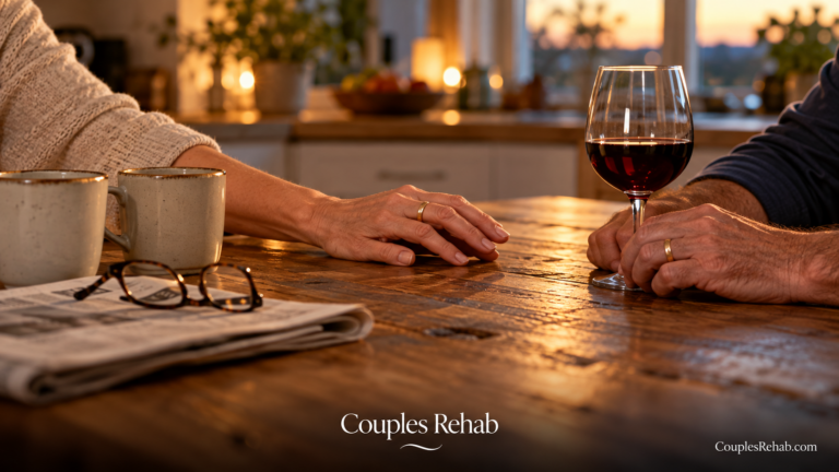 Midlife couple’s hands with wedding bands at a kitchen table beside coffee mugs and a glass of red wine, illustrating heavy drinking after 50.