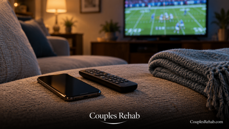 Smartphone and TV remote on a living room couch beside a folded blanket, with a football game blurred on the television in the background.
