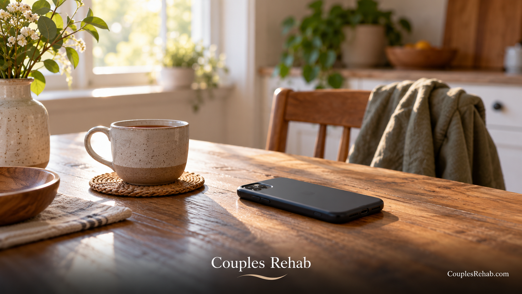 Smartphone resting face-down beside a mug of tea on a wooden kitchen table in soft morning light, with a jacket draped over a chair.